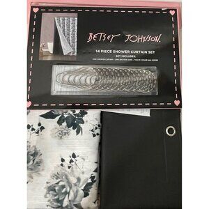 Betsey Johnson 14-Piece Shower Curtain Set w/ Liner and Hooks Black White Floral